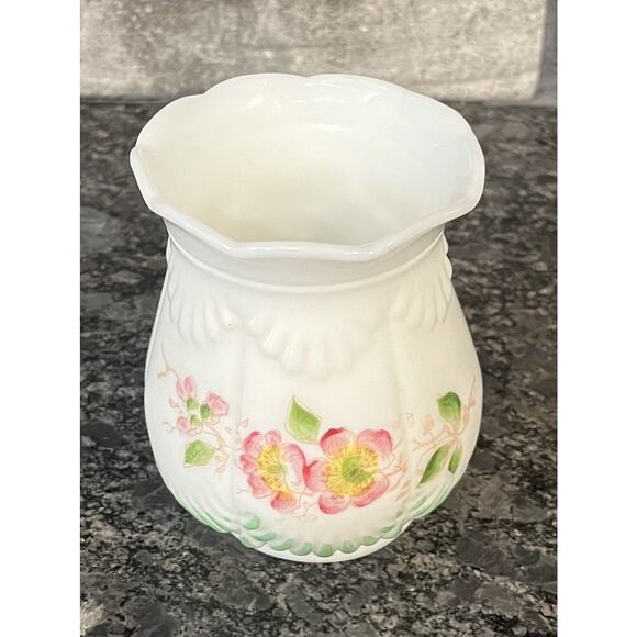 Vintage White Milk Glass Vase with Hand Painted Pink & Yellow Floral Motif - Picture 2 of 6